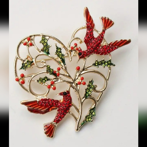 Ugly Christmas Sweater Jewelry - Last One Cardinal  Christmas Love Heart Brooch  Discontiued Item